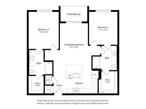 Floor plan for 2 beds, 2 baths, 1122 sqft